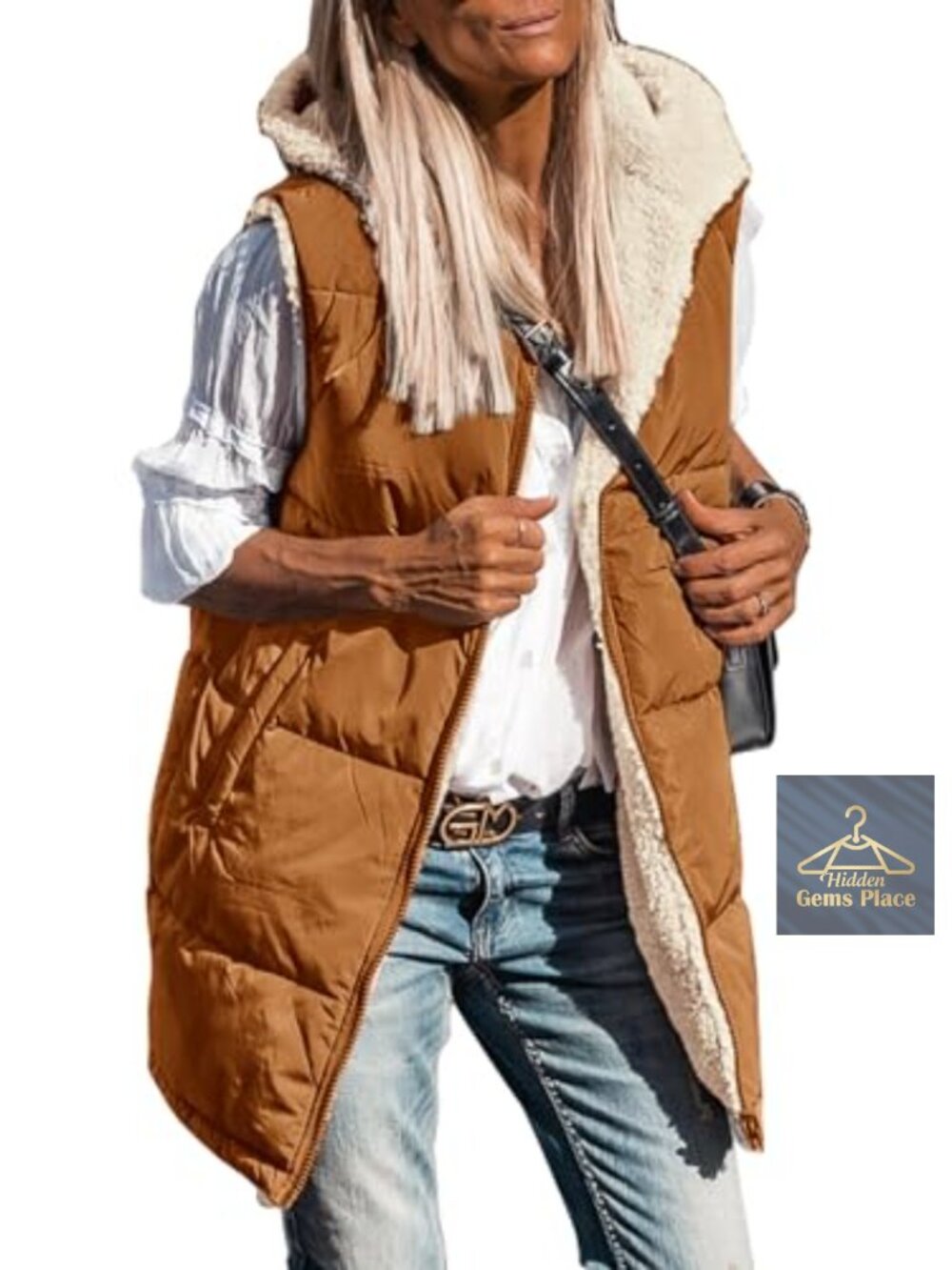 Reversible Fleece Long Vest Hooded Zip Up Sleeveless Winter Coat Pockets